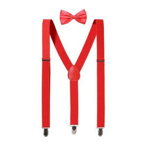 Elastic Adjustable Shoulder Strap Y Shaped Bow Tie and Suspenders Set Red